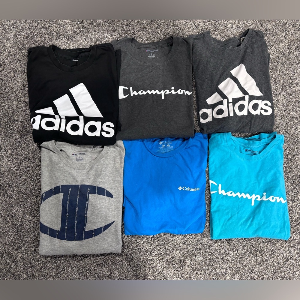Lot of 6 men’s t-shirts 5 Large 1 XL. Adidas Champion Columbia barely worn!!